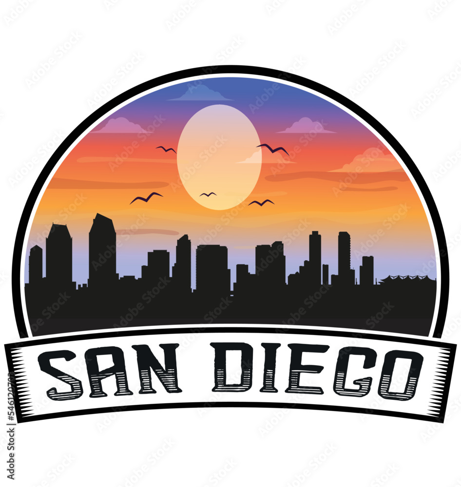 San Diego California USA Skyline Sunset Travel Souvenir Sticker Logo Badge Stamp Emblem Coat of Arms Vector Illustration EPS