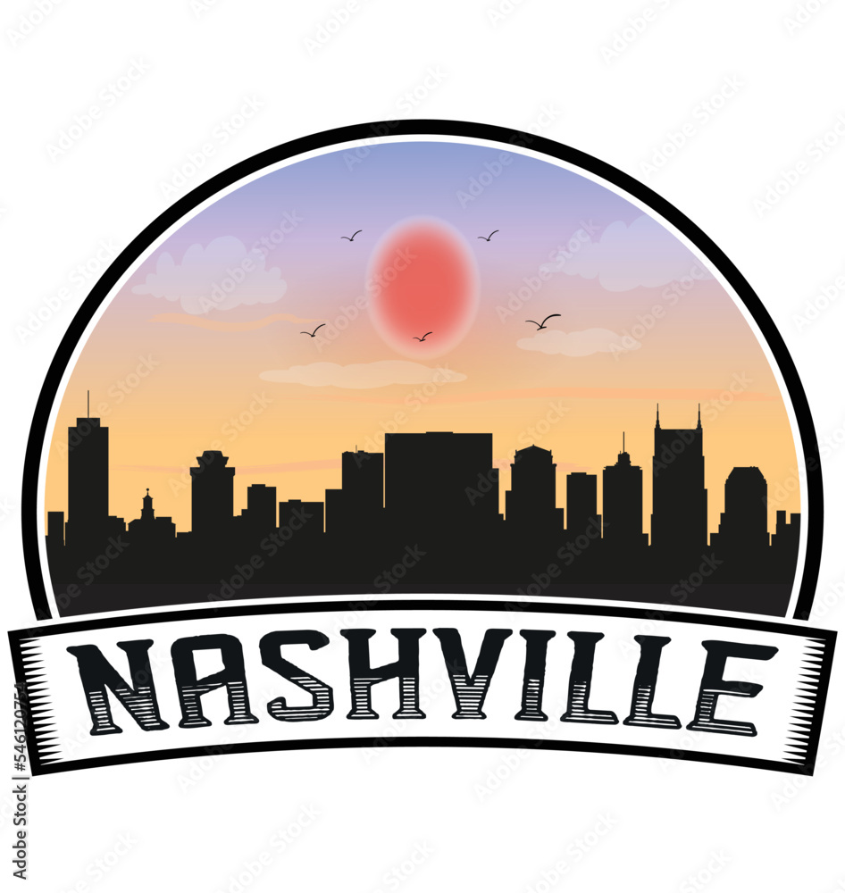 Nashville Tennessee USA Skyline Sunset Travel Souvenir Sticker Logo Badge Stamp Emblem Coat of Arms Vector Illustration EPS