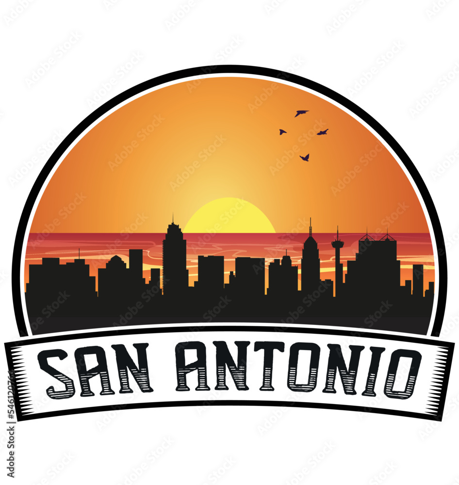 San Antonio Texas USA Skyline Sunset Travel Souvenir Sticker Logo Badge Stamp Emblem Coat of Arms Vector Illustration EPS