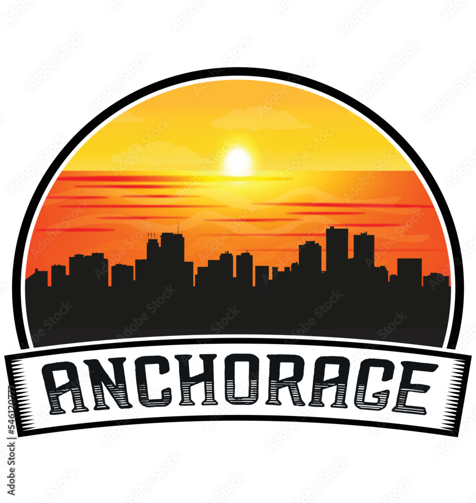 Anchorage Alaska USA Skyline Sunset Travel Souvenir Sticker Logo Badge Stamp Emblem Coat of Arms Vector Illustration EPS