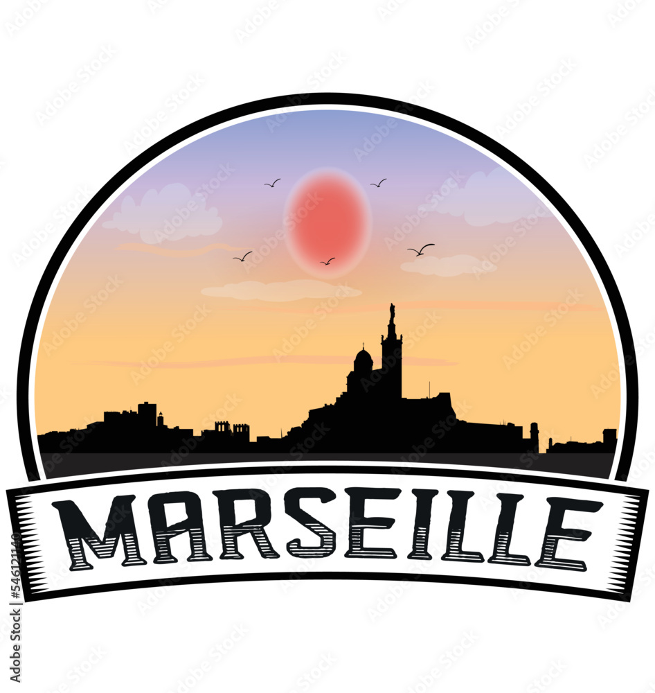 Marseille France Skyline Sunset Travel Souvenir Sticker Logo Badge Stamp Emblem Coat of Arms Vector Illustration EPS
