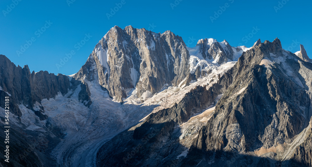 The Grand Jorasses massif and Glacier de Leschaux in the sunrise light.