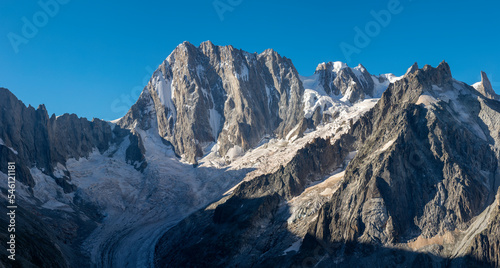 The Grand Jorasses massif and Glacier de Leschaux in the sunrise light.