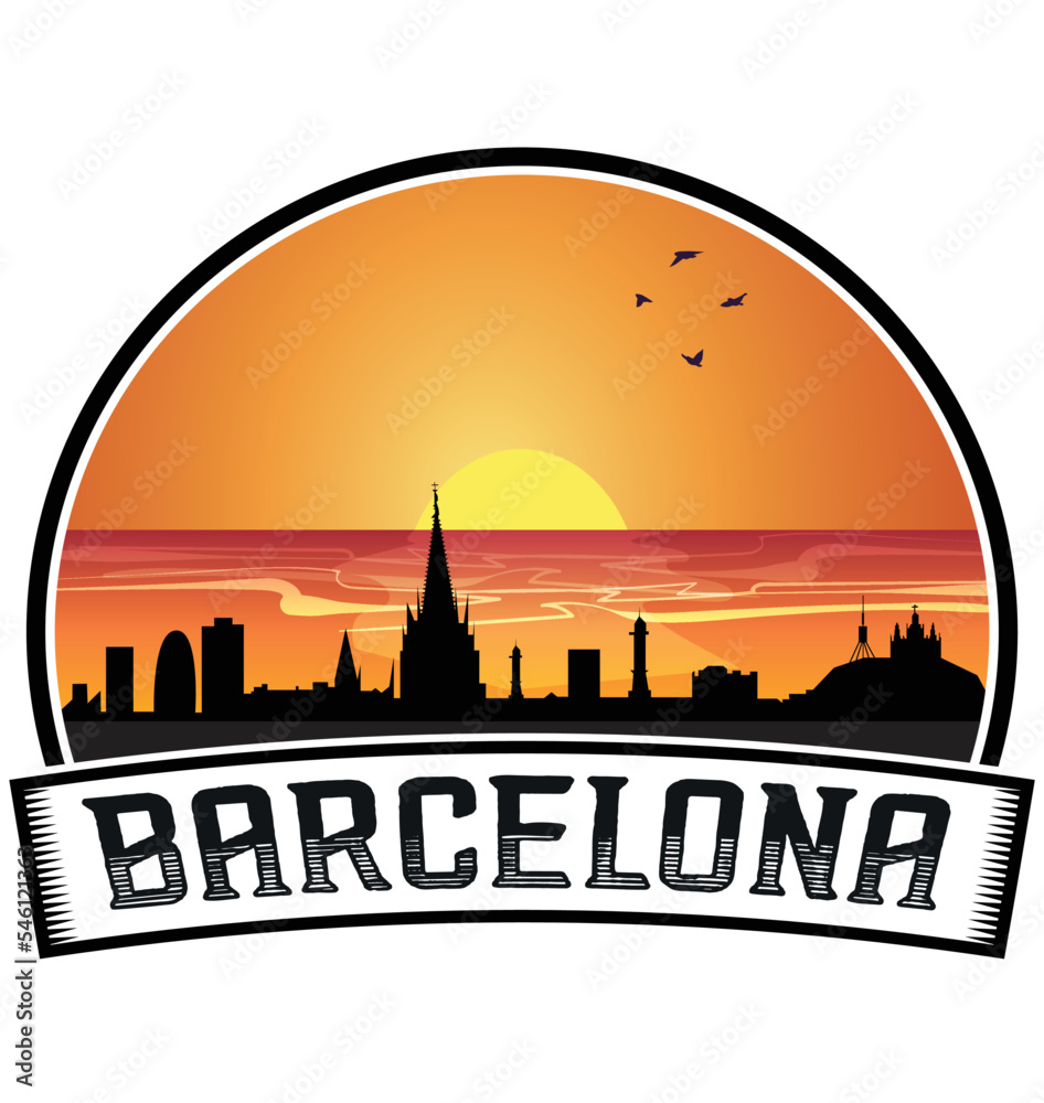 Barcelona Spain Skyline Sunset Travel Souvenir Sticker Logo Badge Stamp Emblem Coat of Arms Vector Illustration EPS
