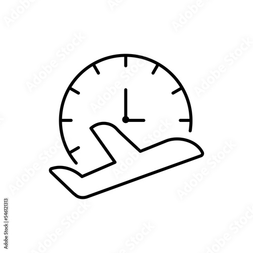 Black line Clock with airplane icon isolated on white background. Designation of time before departure, check-in for flight and arrival time symbol.