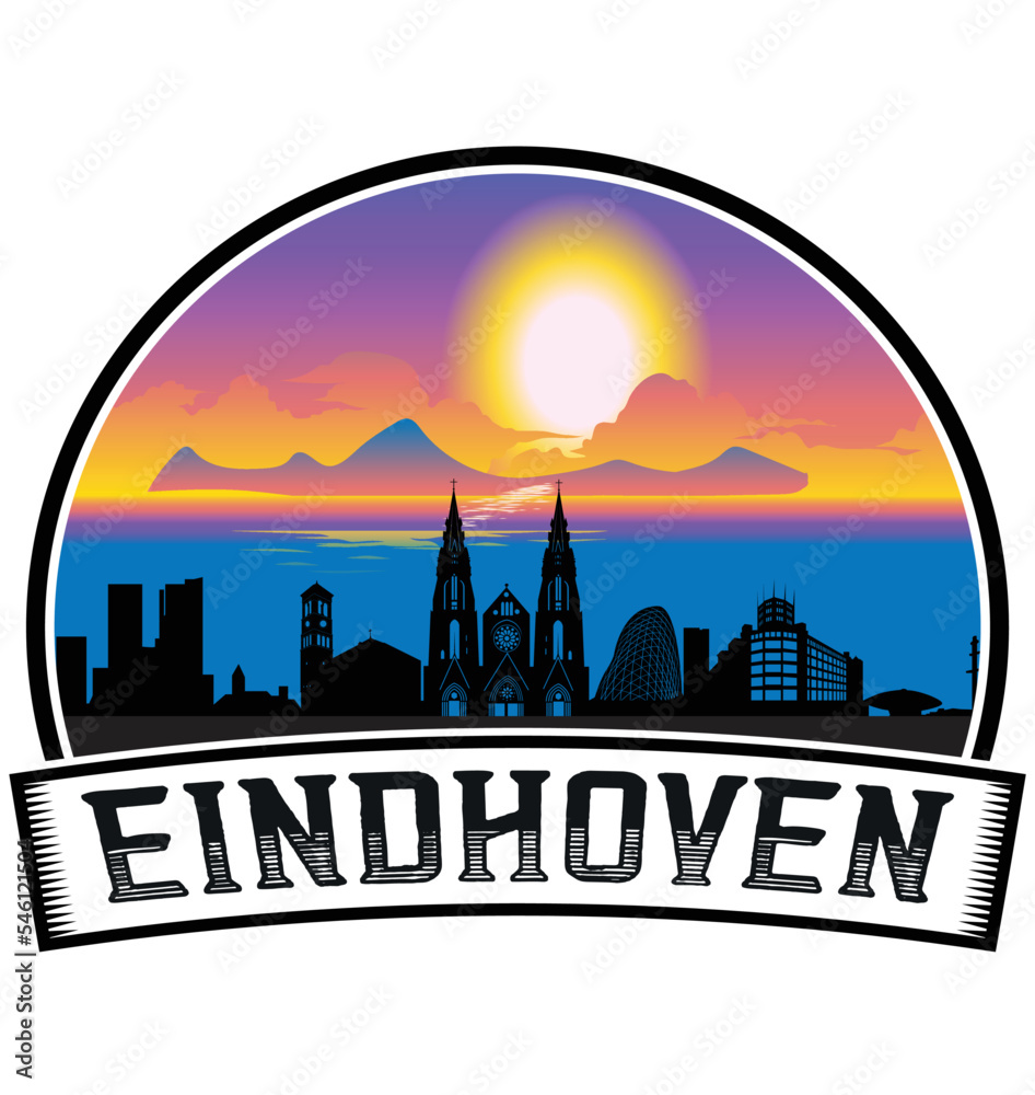 Eindhoven Netherlands Skyline Sunset Travel Souvenir Sticker Logo Badge Stamp Emblem Coat of Arms Vector Illustration EPS