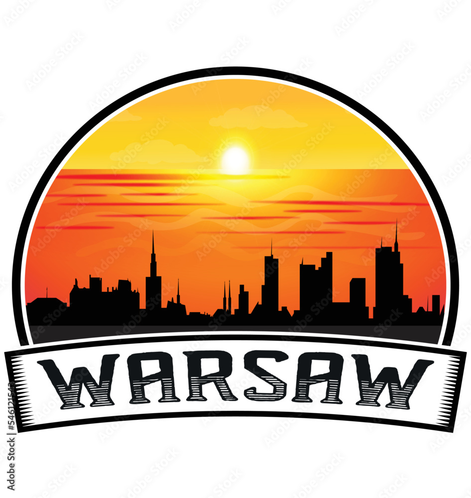 Warsaw Poland Skyline Sunset Travel Souvenir Sticker Logo Badge Stamp Emblem Coat of Arms Vector Illustration EPS