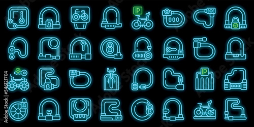 Cycling lock icons set outline vector. Smart bike. Lock bicycle neon color on black