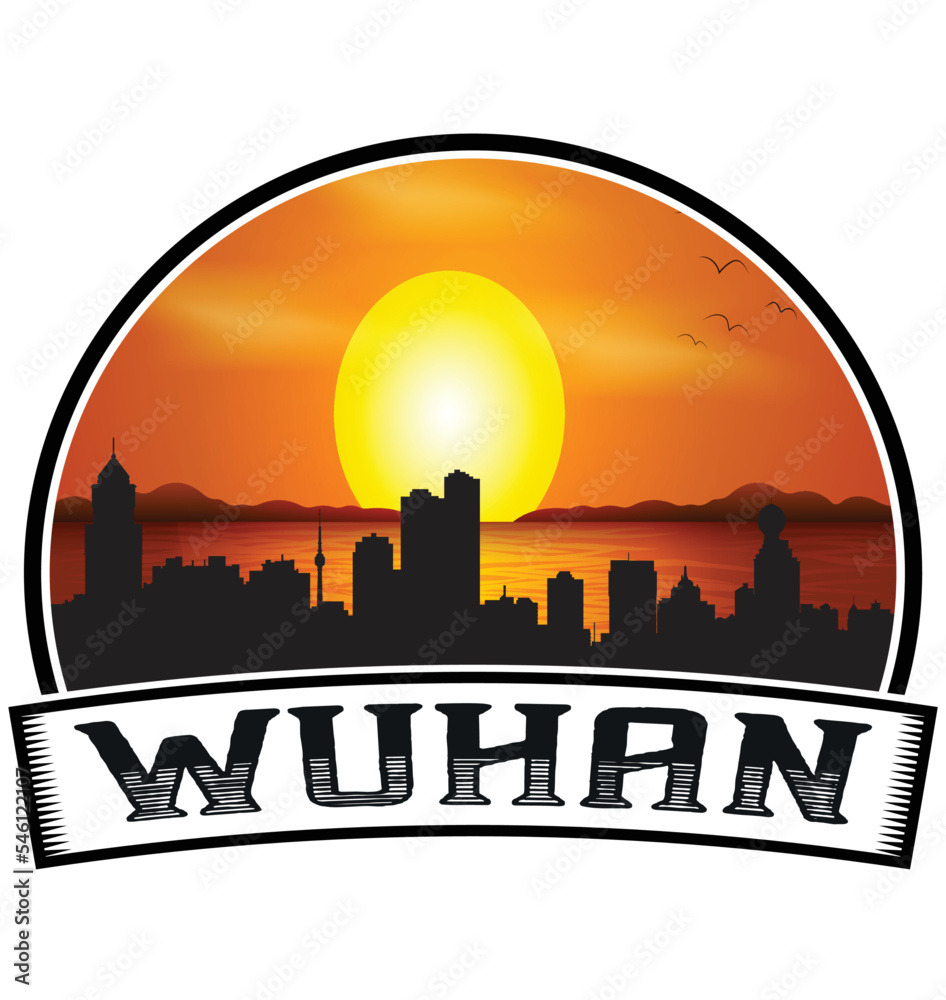 Wuhan China Skyline Sunset Travel Souvenir Sticker Logo Badge Stamp Emblem Coat of Arms Vector Illustration EPS