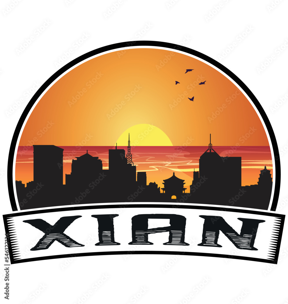 Xian China Skyline Sunset Travel Souvenir Sticker Logo Badge Stamp Emblem Coat of Arms Vector Illustration EPS