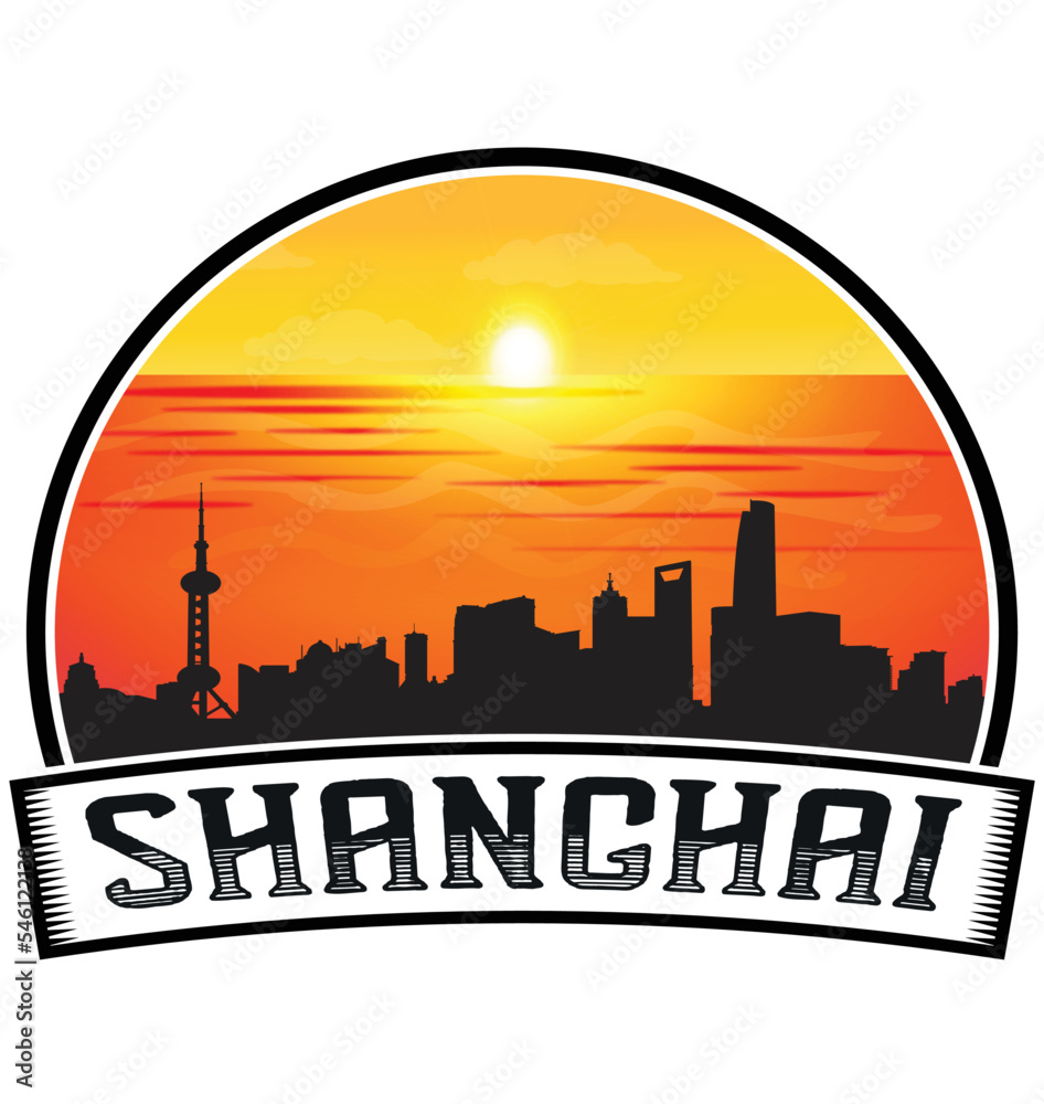 Shanghai China Skyline Sunset Travel Souvenir Sticker Logo Badge Stamp Emblem Coat of Arms Vector Illustration EPS