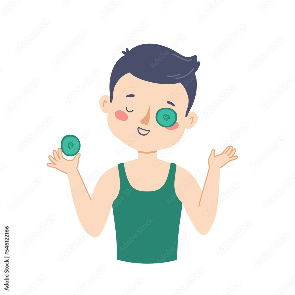Illustration of a beautiful young man taking care of her facial skin and using a cucumber mask