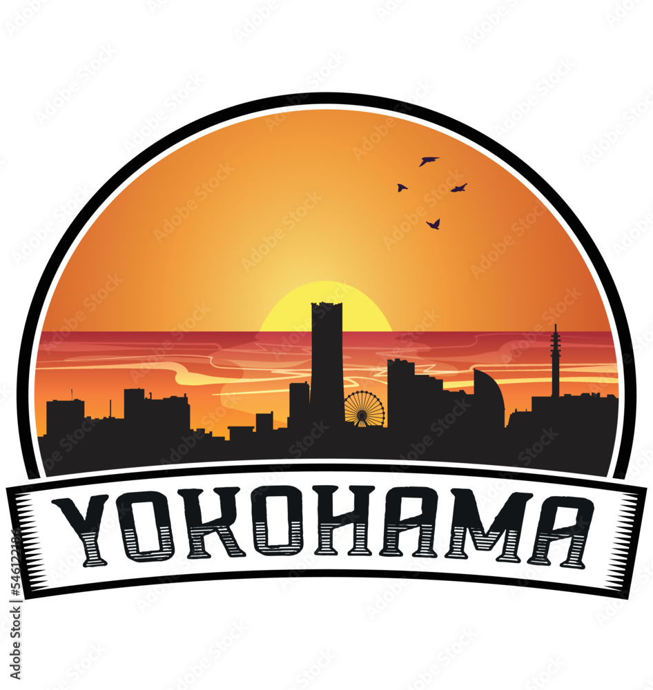 Yokohama Japan Skyline Sunset Travel Souvenir Sticker Logo Badge Stamp Emblem Coat of Arms Vector Illustration EPS