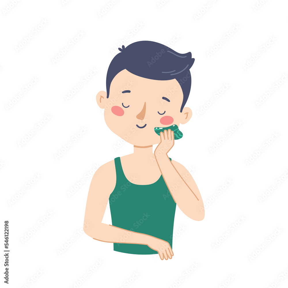 Illustration of a beautiful young man taking care of her facial skin and doing a gua sha massage with a massager Illustration of a beautiful young man taking care of her facial skin and doing a gua sha massage with a massager
