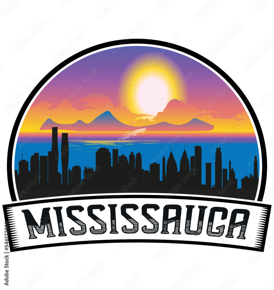 Mississauga Canada Skyline Sunset Travel Souvenir Sticker Logo Badge Stamp Emblem Coat of Arms Vector Illustration EPS