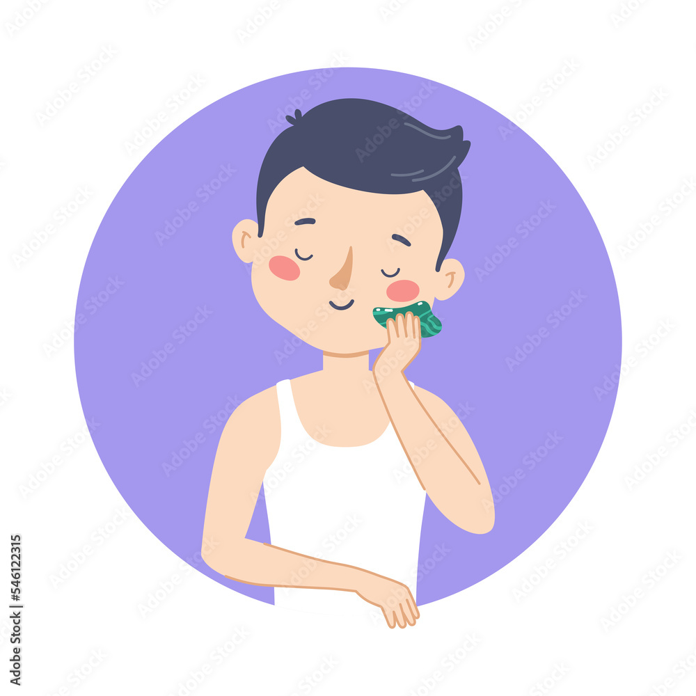 Illustration of a beautiful young man taking care of her facial skin and doing a gua sha massage with a massager Illustration of a beautiful young man taking care of her facial skin and doing a gua sha massage with a massager