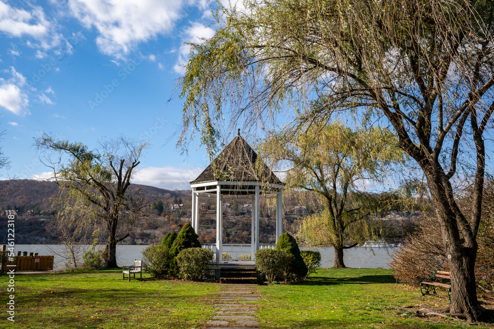 Garrison, NY - USA - Nov. 12, 2022 Landscape view of Garrison Gazebo, a river side park on the Hudson River at Garrison Landing.
