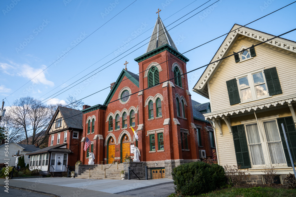 Cold Spring, NY - USA - Nov 12, 2022 Horizontal view of Our Lady of Loretto Church, a Roman Catholic church.