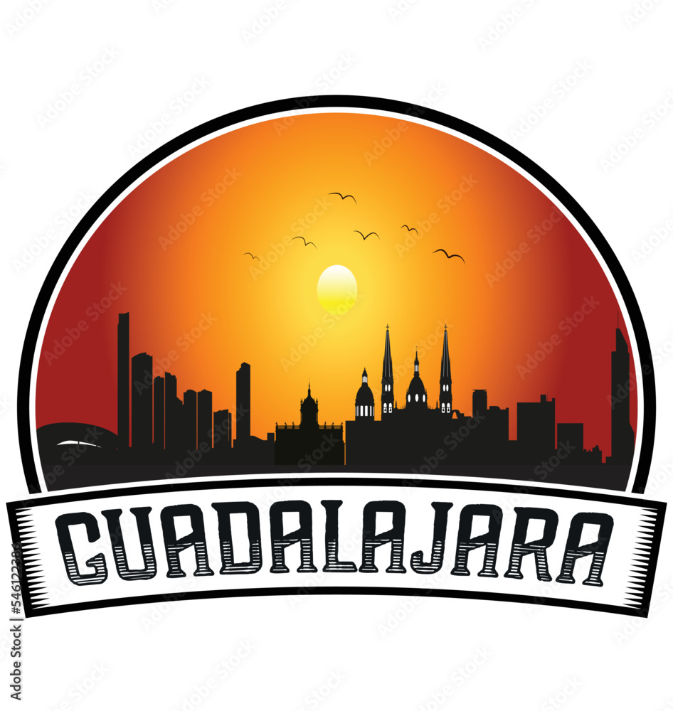 Guadalajara Mexico Skyline Sunset Travel Souvenir Sticker Logo Badge Stamp Emblem Coat of Arms Vector Illustration EPS