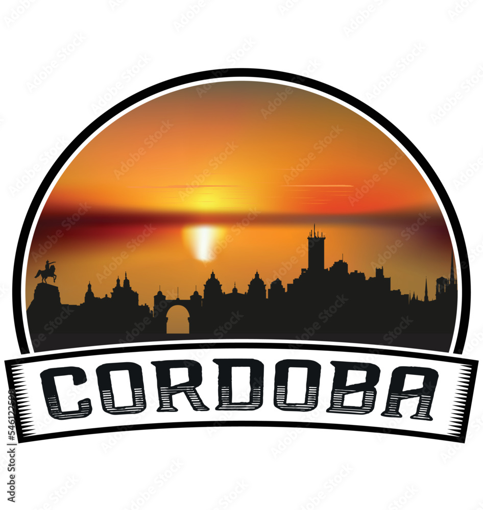 Cordoba Argentina Skyline Sunset Travel Souvenir Sticker Logo Badge Stamp Emblem Coat of Arms Vector Illustration EPS