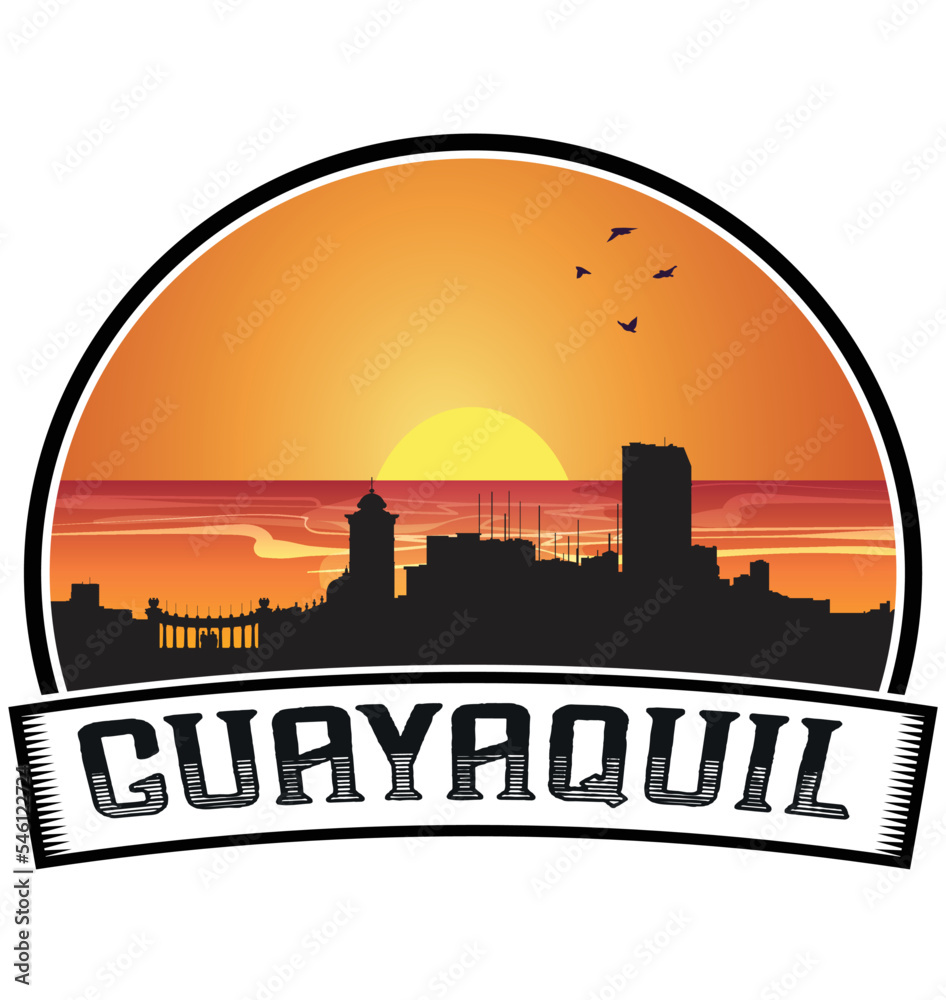 Guayaquil Equador Skyline Sunset Travel Souvenir Sticker Logo Badge Stamp Emblem Coat of Arms Vector Illustration EPS
