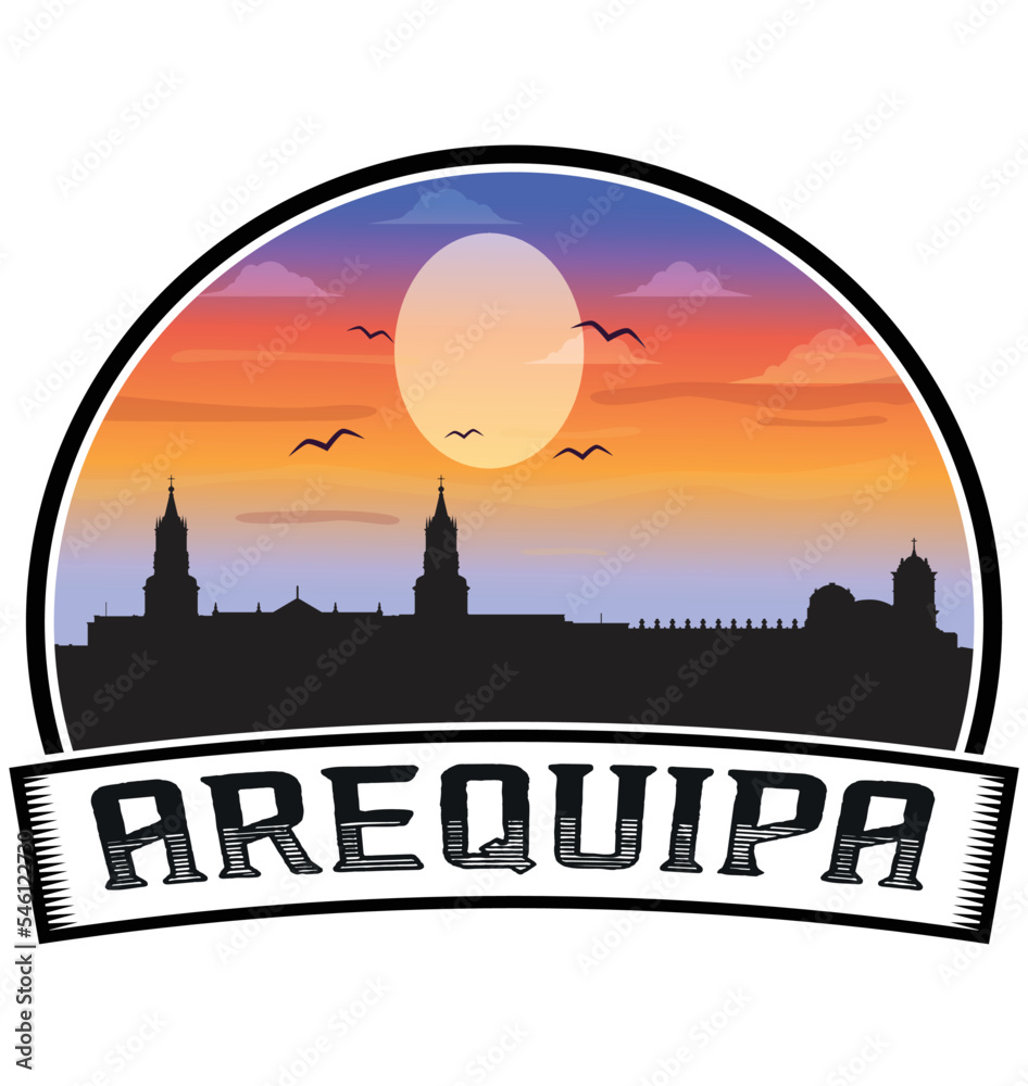 Arequipa Peru Skyline Sunset Travel Souvenir Sticker Logo Badge Stamp Emblem Coat of Arms Vector Illustration EPS