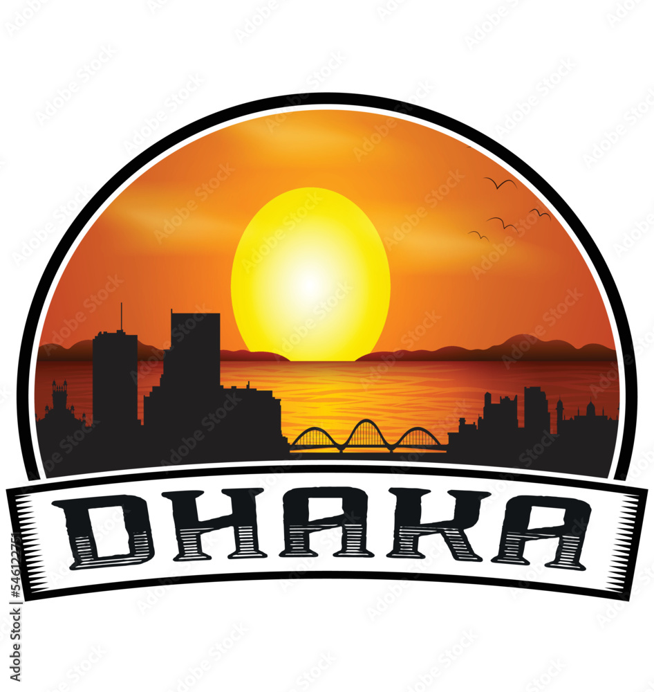 Dhaka Bangladesh Skyline Sunset Travel Souvenir Sticker Logo Badge Stamp Emblem Coat of Arms Vector Illustration EPS