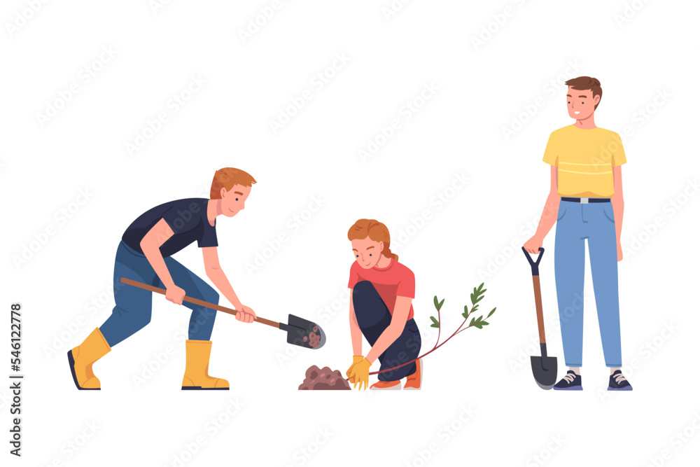 Man and Woman Character Planting Tree Sapling in Soil Taking Care of Planet and Nature Vector Set