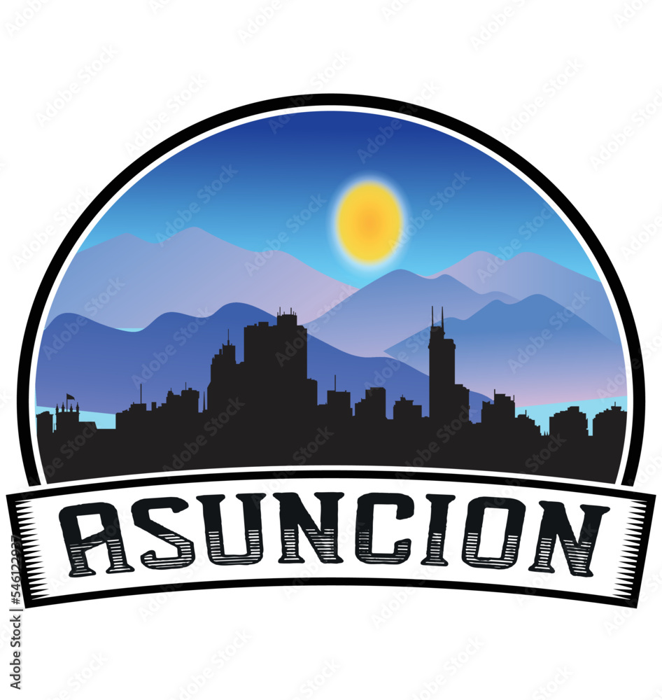 Asuncion Paraguay Skyline Sunset Travel Souvenir Sticker Logo Badge Stamp Emblem Coat of Arms Vector Illustration EPS