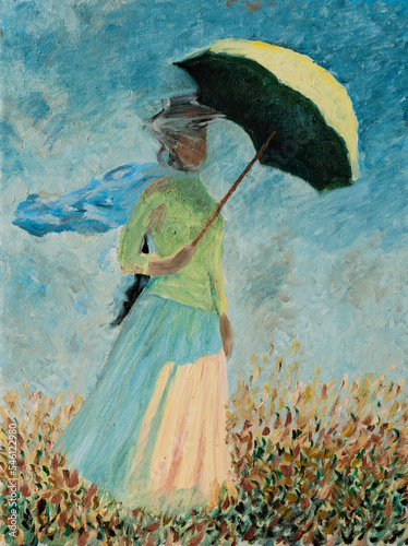 Print op canvas Oil painting reproduction of a Woman With A Parasol or Study Of A Figure Outdoors Facing Right famous oil painting by Claude Monet