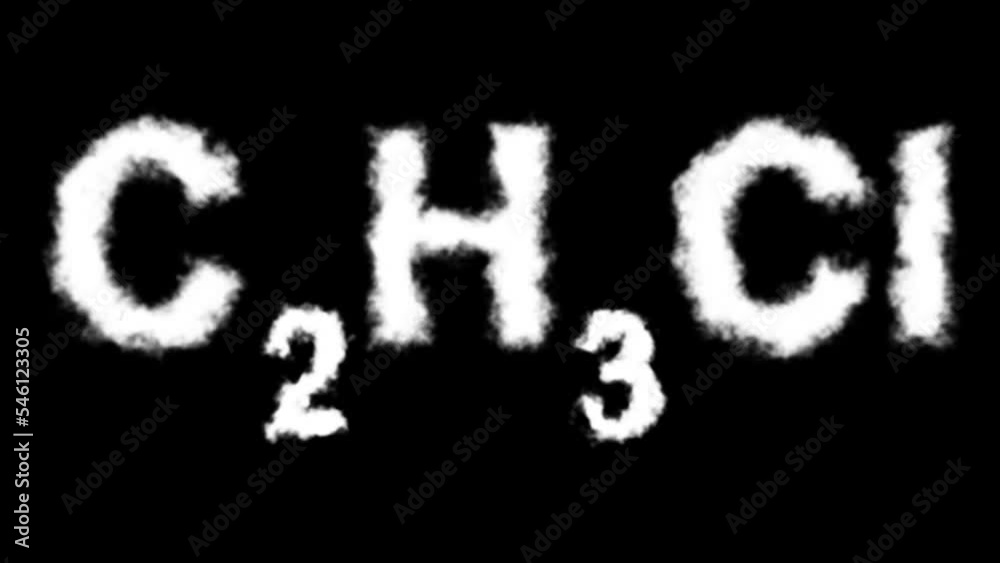 C2H3Cl or Tungsten Chloride Molecule Symbol Smoke Cloud Text Effects Animation on Black