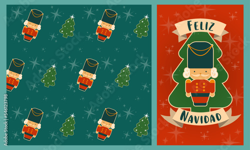 Cartel y patrón de navidad con tierno cascanueces y árboles de navidad.