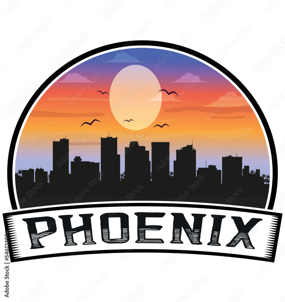 Phoenix Arizona USA Skyline Sunset Travel Souvenir Sticker Logo Badge Stamp Emblem Coat of Arms Vector Illustration EPS