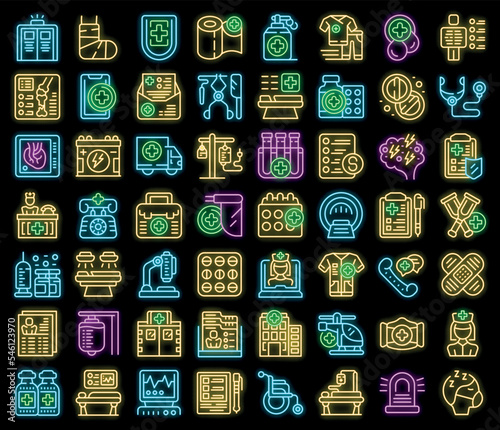 Emergency room icons set outline vector. Medical surgery. Scan health neon color on black