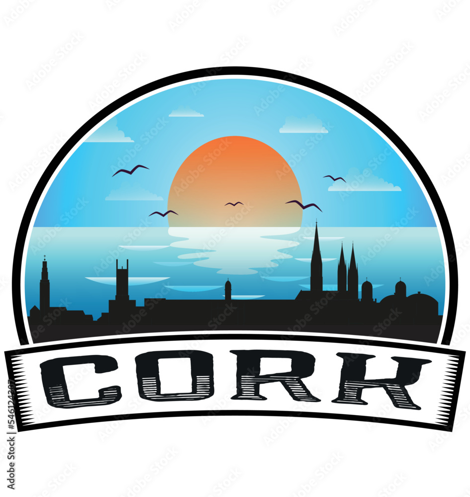 Cork Ireland Skyline Sunset Travel Souvenir Sticker Logo Badge Stamp Emblem Coat of Arms Vector Illustration EPS