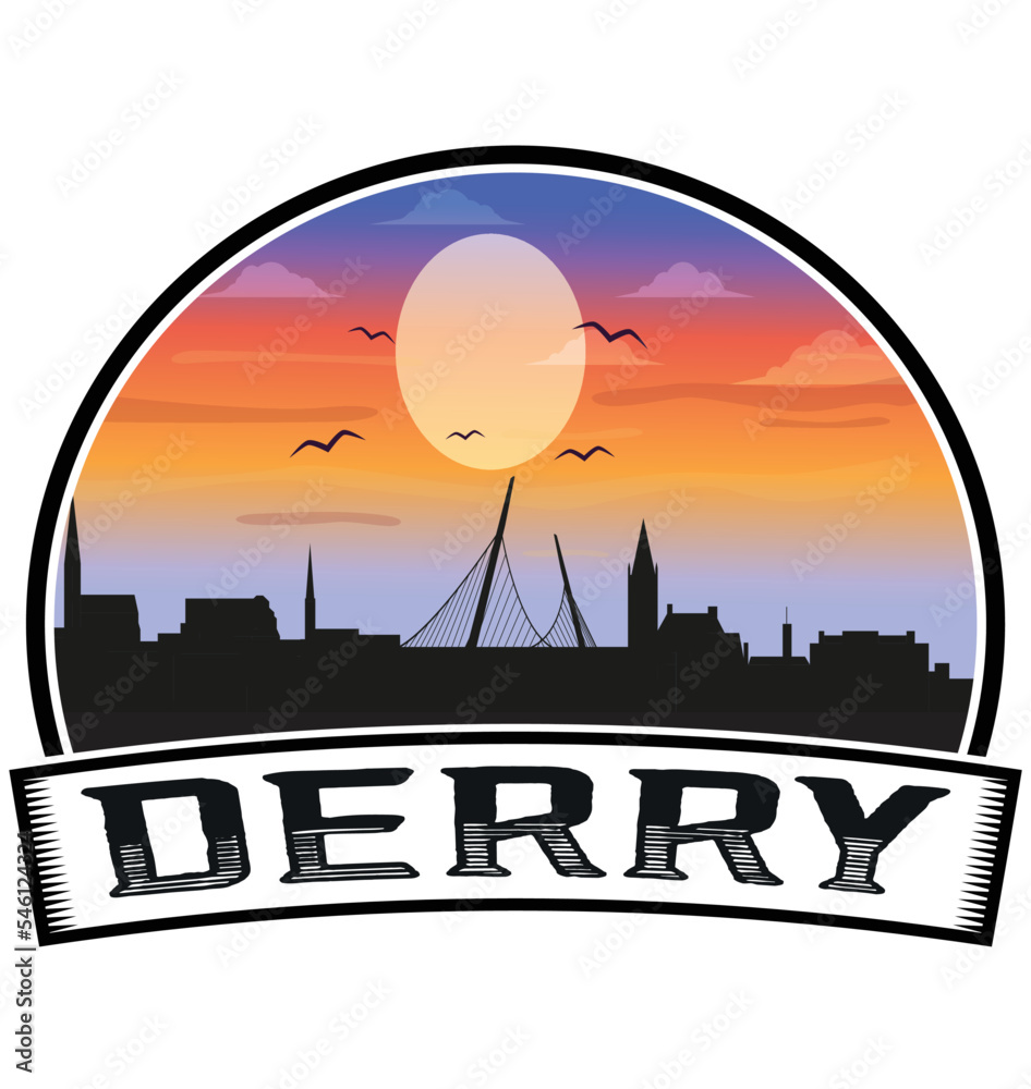 Derry Northern Ireland Skyline Sunset Travel Souvenir Sticker Logo Badge Stamp Emblem Coat of Arms Vector Illustration EPS