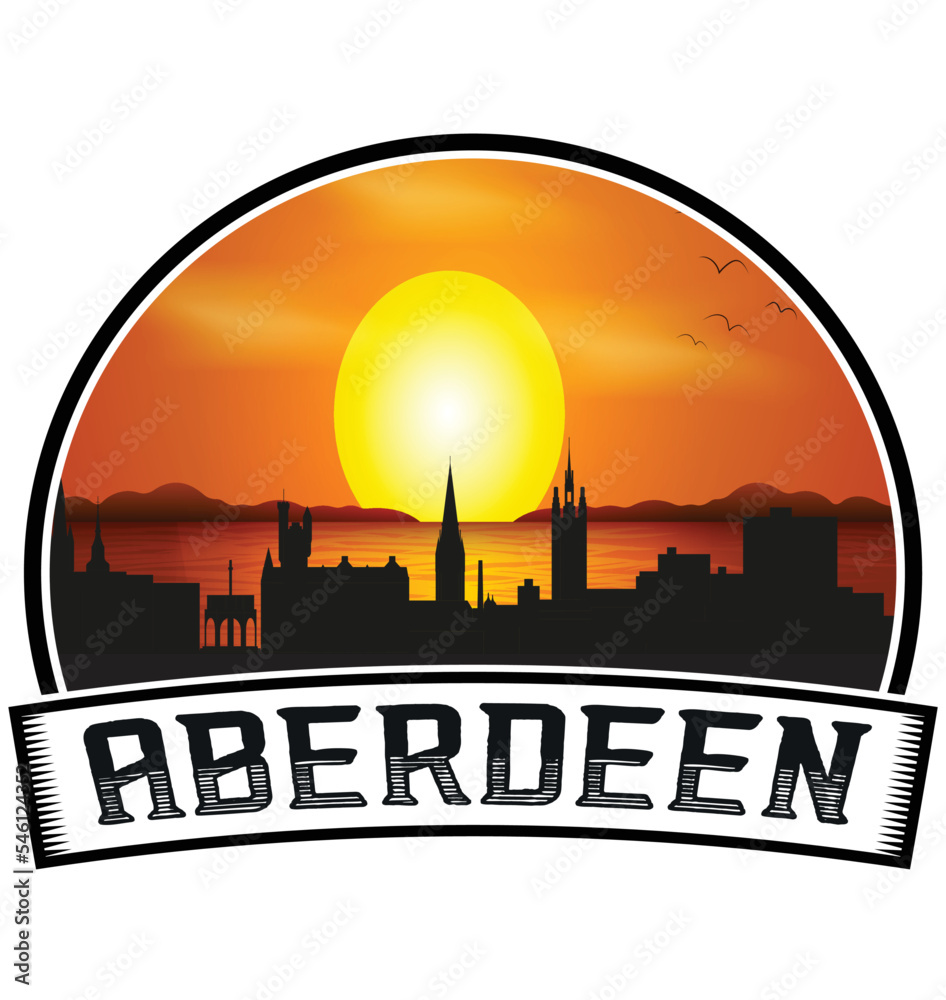 Aberdeen Scotland Skyline Sunset Travel Souvenir Sticker Logo Badge Stamp Emblem Coat of Arms Vector Illustration EPS