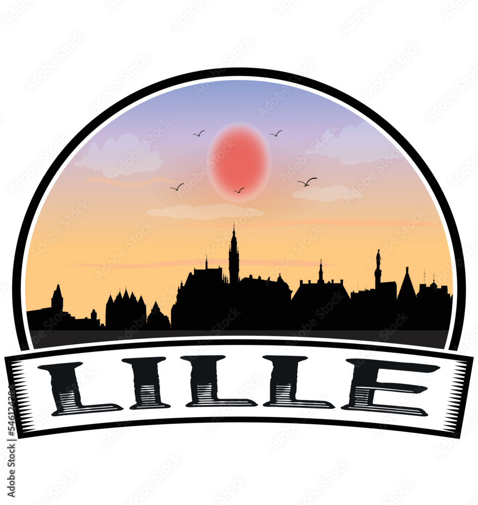 Lille France Skyline Sunset Travel Souvenir Sticker Logo Badge Stamp Emblem Coat of Arms Vector Illustration EPS