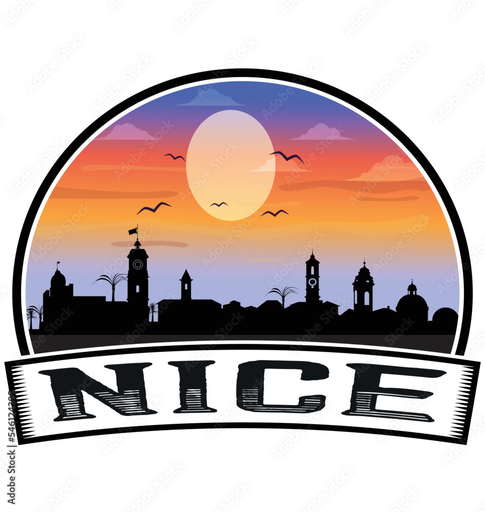 Nice France Skyline Sunset Travel Souvenir Sticker Logo Badge Stamp Emblem Coat of Arms Vector Illustration EPS