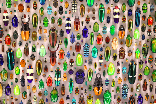 Exposition of variety of dead butterflies and bugs on board under glass
