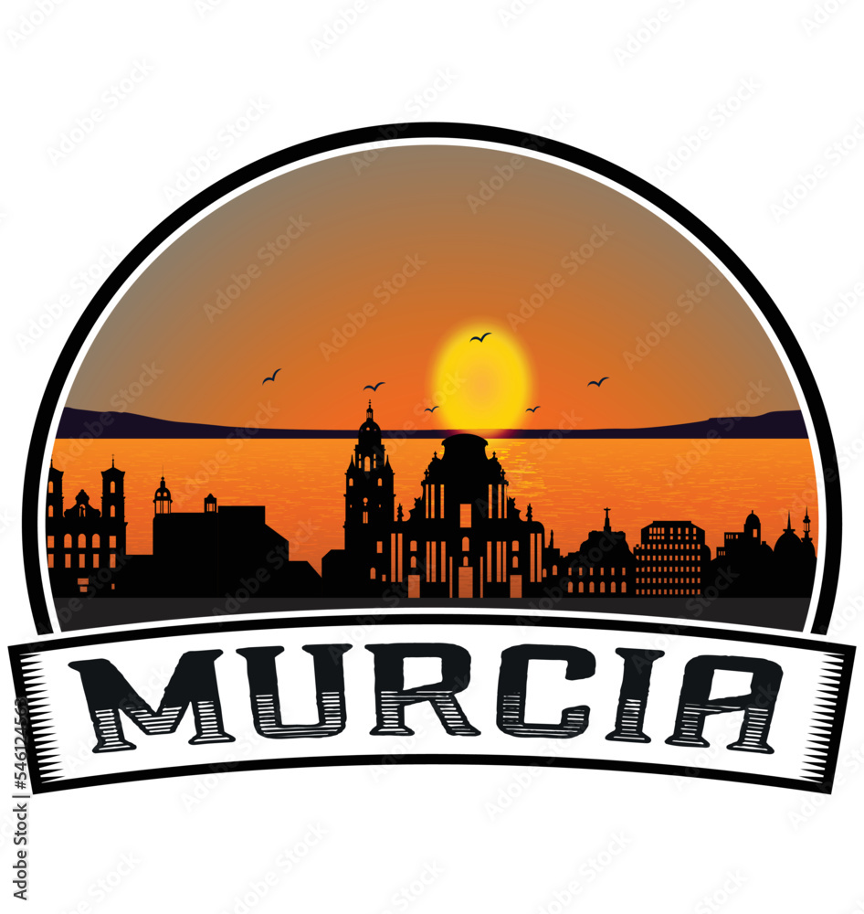 Murcia Spain Skyline Sunset Travel Souvenir Sticker Logo Badge Stamp Emblem Coat of Arms Vector Illustration EPS