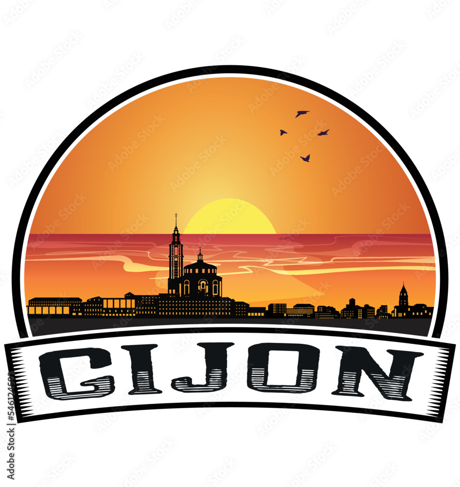 Gijon Spain Skyline Sunset Travel Souvenir Sticker Logo Badge Stamp Emblem Coat of Arms Vector Illustration EPS