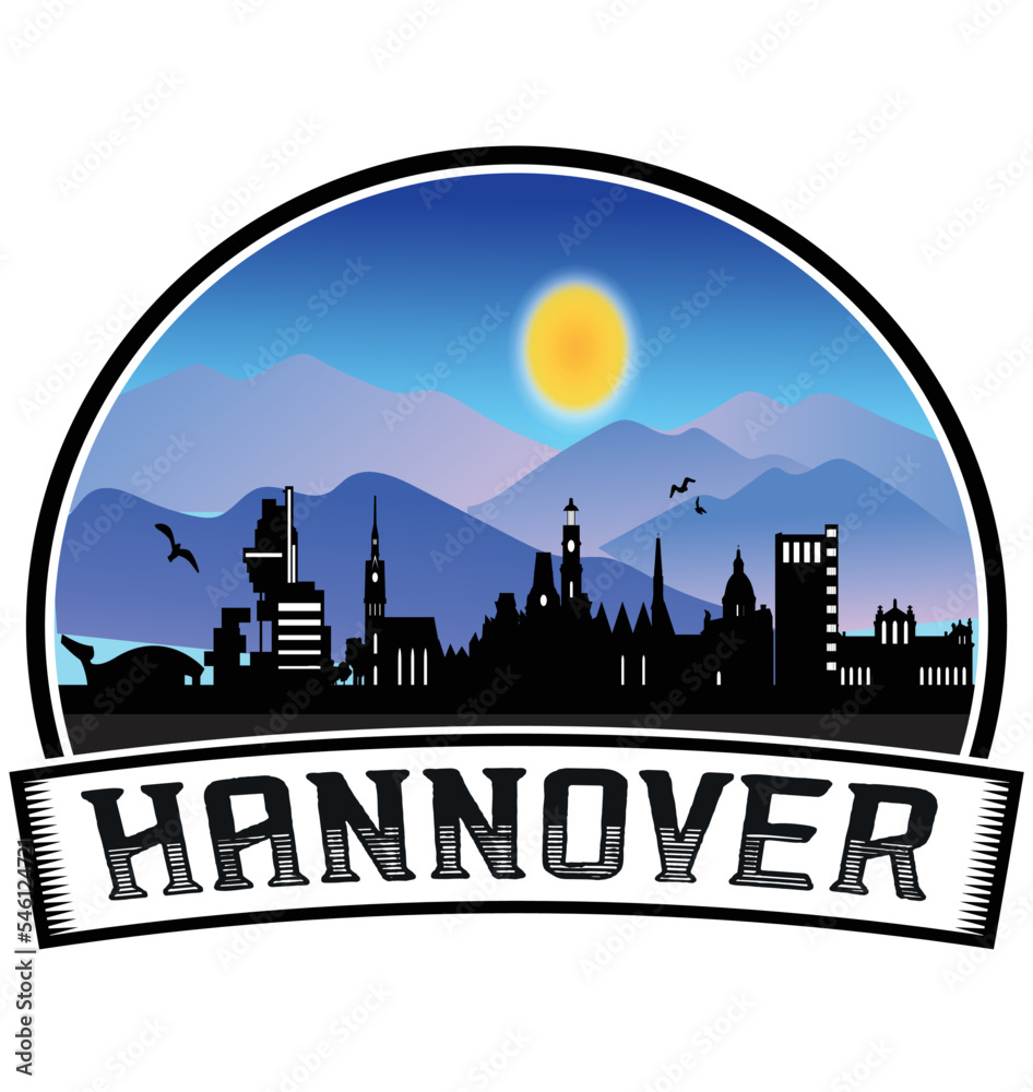 Hannover Germany Skyline Sunset Travel Souvenir Sticker Logo Badge Stamp Emblem Coat of Arms Vector Illustration EPS