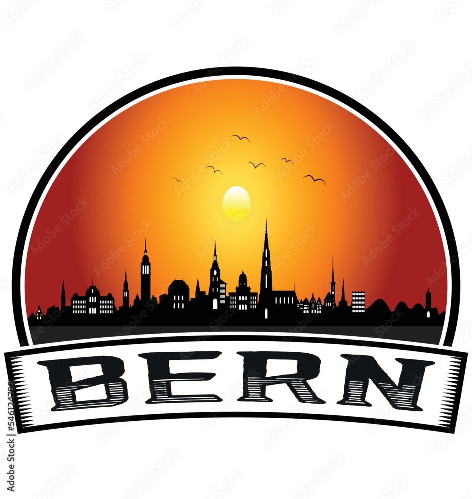 Bern Switzerland Skyline Sunset Travel Souvenir Sticker Logo Badge Stamp Emblem Coat of Arms Vector Illustration EPS