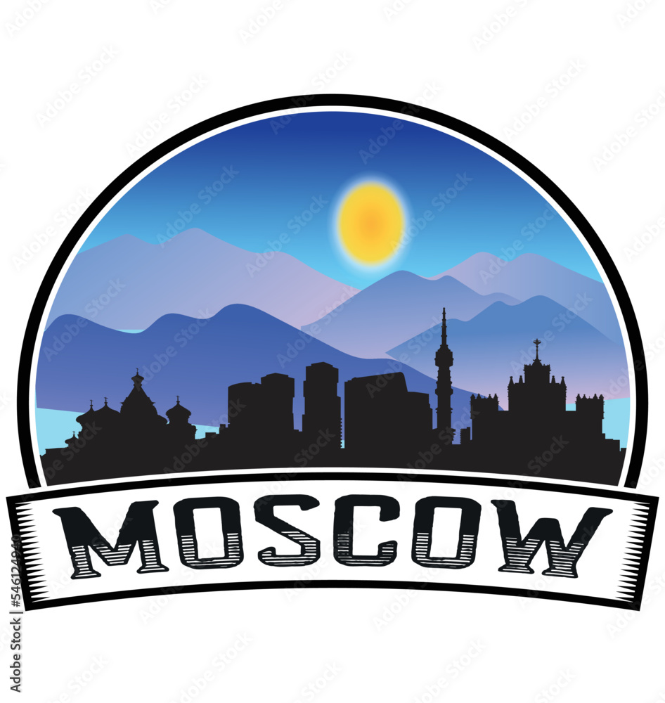 Moscow Russia Skyline Sunset Travel Souvenir Sticker Logo Badge Stamp Emblem Coat of Arms Vector Illustration EPS