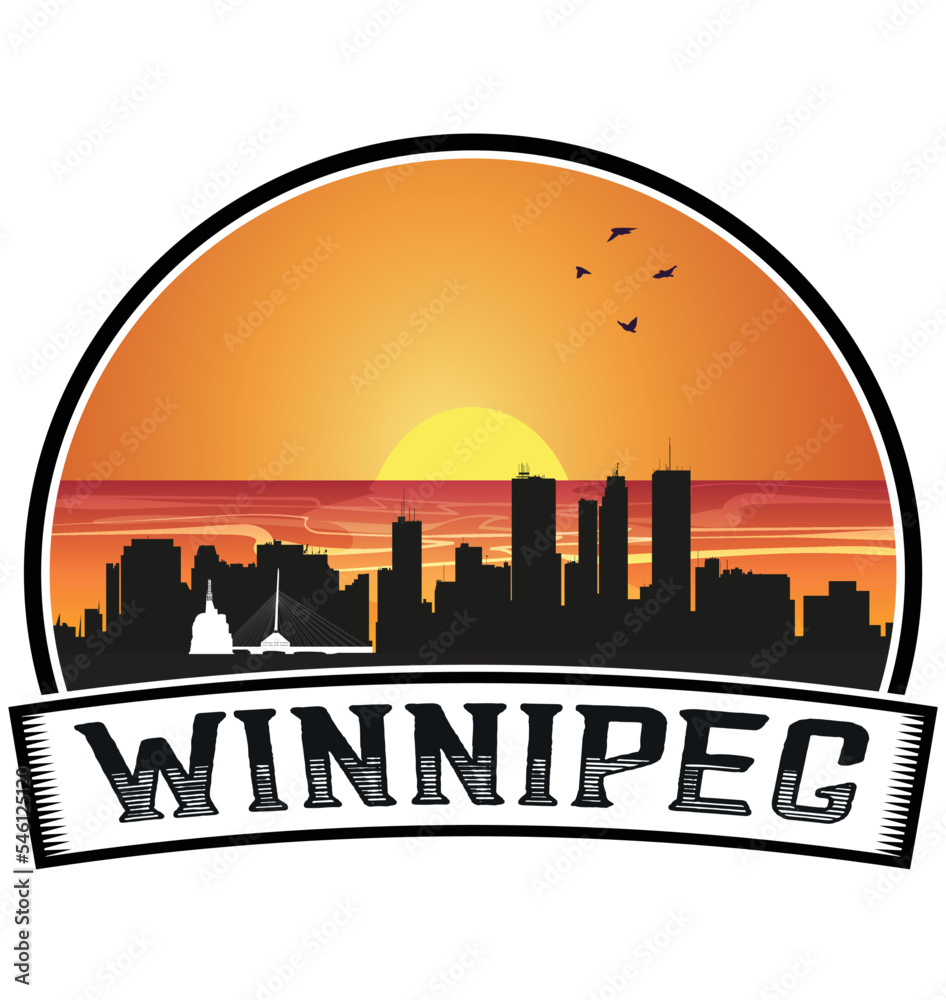 Winnipeg Canada Skyline Sunset Travel Souvenir Sticker Logo Badge Stamp Emblem Coat of Arms Vector Illustration EPS