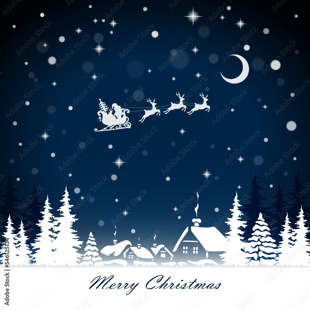 Naklejka premium Santa Claus and gifts in sleigh with reindeers pulling the sleigh on village background.