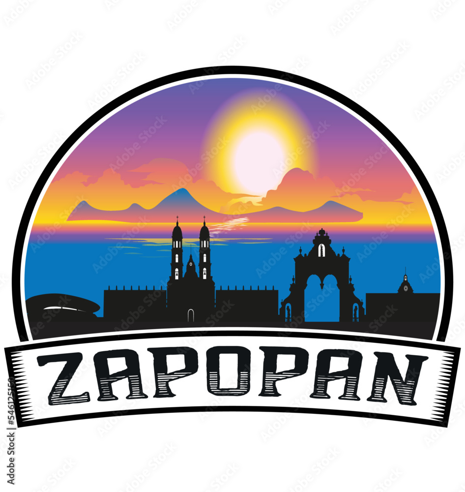 Zapopan Mexico Skyline Sunset Travel Souvenir Sticker Logo Badge Stamp Emblem Coat of Arms Vector Illustration EPS
