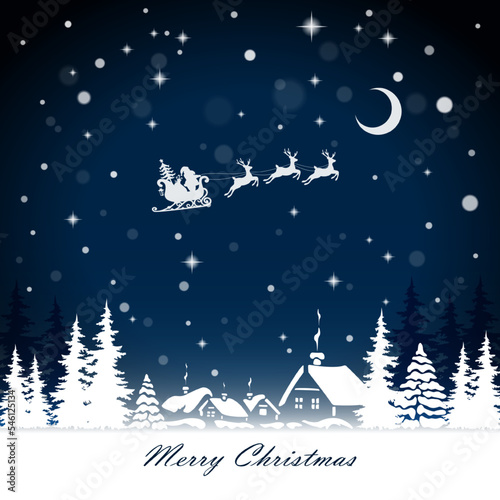 Santa Claus and gifts in sleigh with reindeers pulling the sleigh on village background.