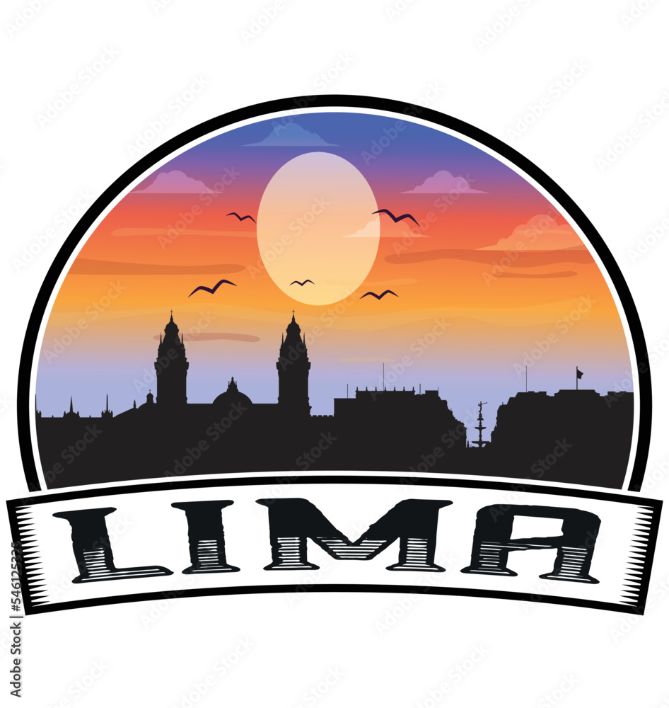 Lima Peru Skyline Sunset Travel Souvenir Sticker Logo Badge Stamp Emblem Coat of Arms Vector Illustration EPS